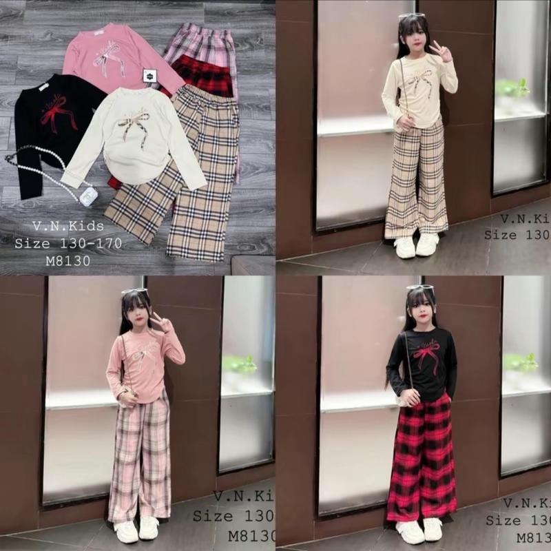 Set Nơ Thêu + Quần kẻ Xuông vừa xinh Vừa thoải mái cho bé diện đi chơi hay ở nhà xuất sắc từ 18-43 kg bộ unchi lạnh thun loopy trẻ em đồ  bộ  quần  sọc  caro  trẻ  em