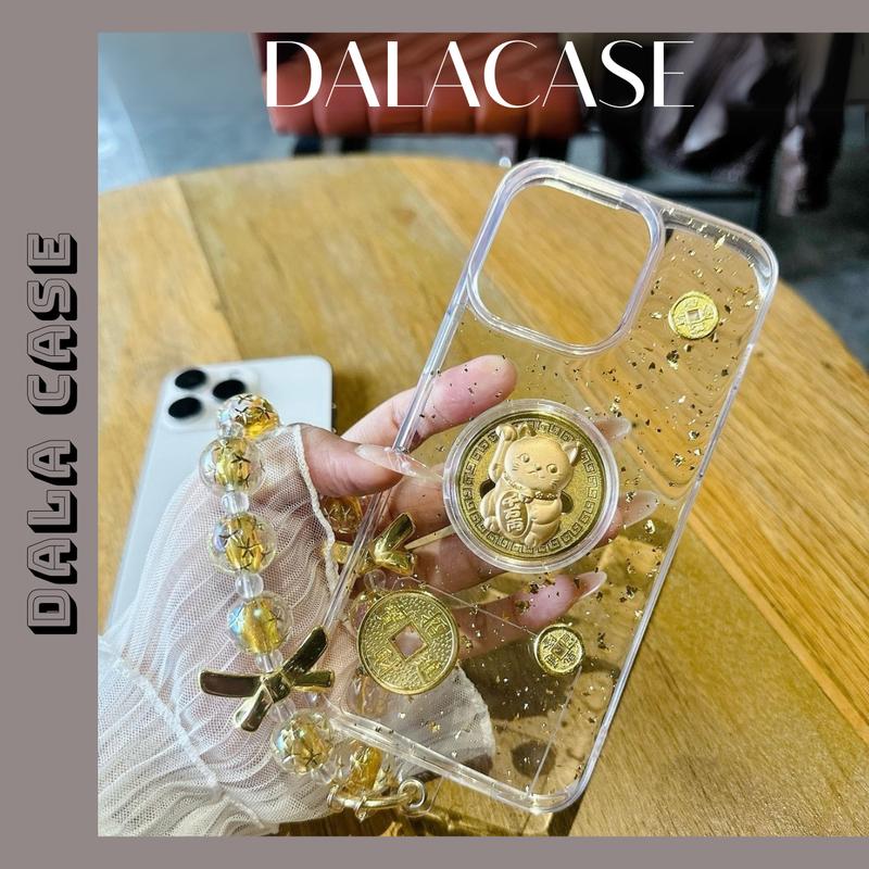 [Ốp Tết] Ốp Trong Nhũ Vàng Mèo Chiêu Tài Kèm Dây Ngọc