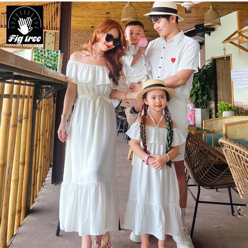 Sét Gia Đình Fig Tree( Sét giá 1 sp) - Aó Sơ Mi Và Đầm Nữ Kiểu  Maxi Trễ Vai Màu Trắng Tinh Khôi , Chất Đũi  Mềm Min, Mát Lên Dáng Siêu Đẹp Cho Gia Đình. 2