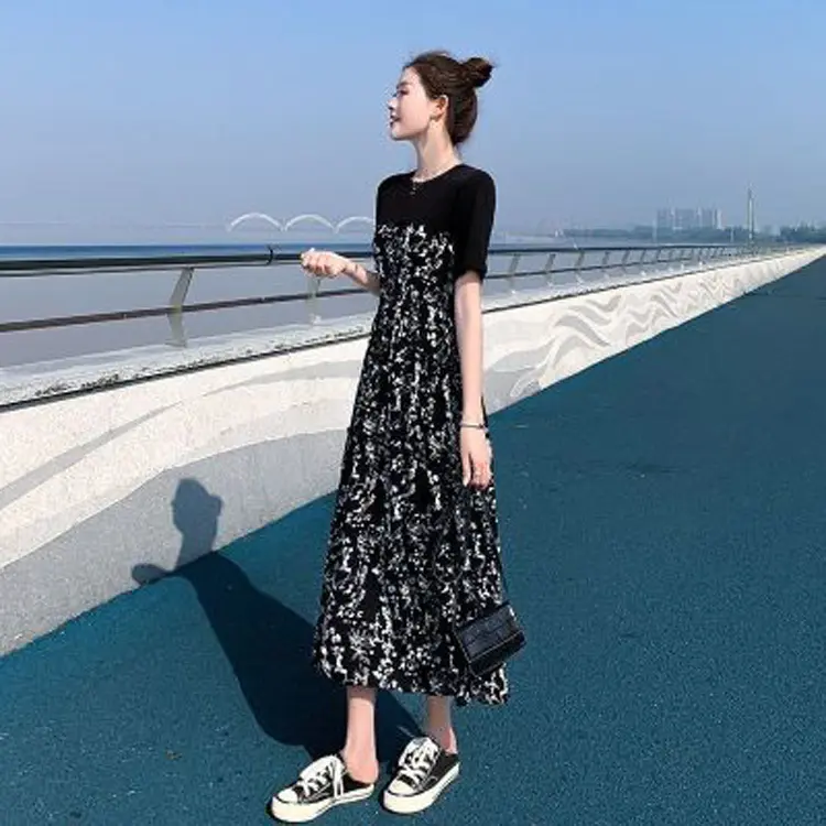 2024 Summer New Mid-Length Floral Women's Skirt Temperament High Waist Short Sleeve Long Skirt Dress