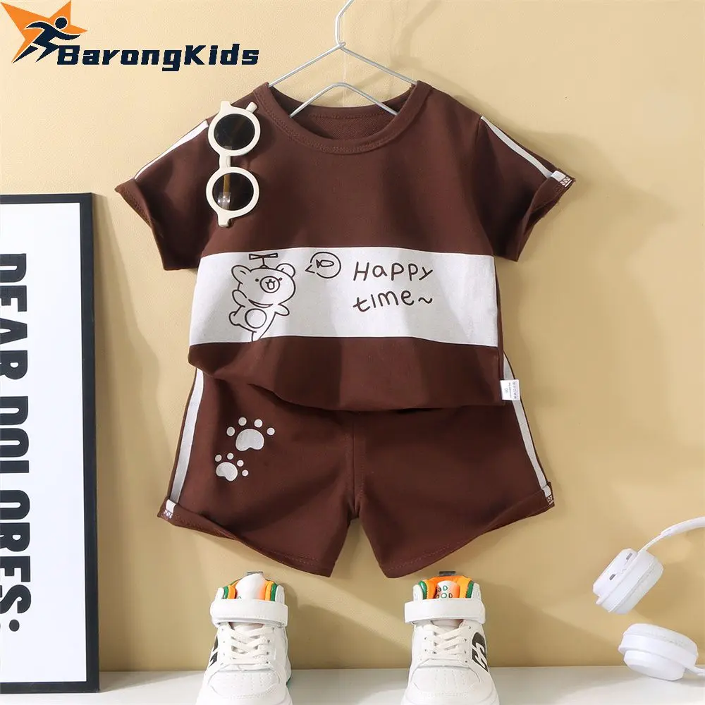 BarongKids For 0-5 Years Children's Short-sleeved Suit Terno Cartoon Animal Pattern Casual Pullover Shorts Suit Children's T-shirt Suit Boy Baby Baby Clothing For Child