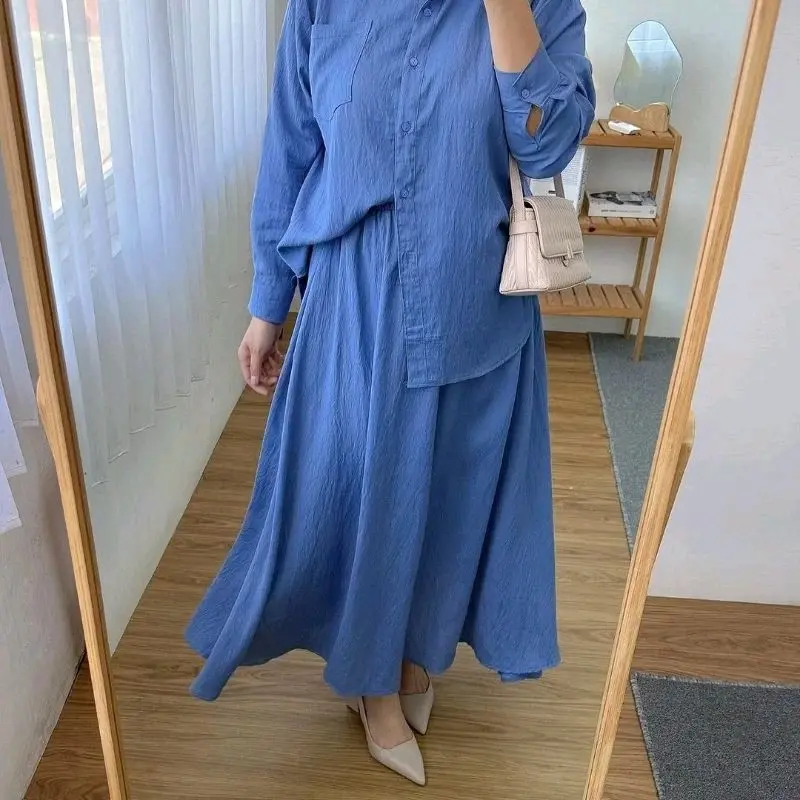 Humaira One Set Skirt | Setelan Rok Muslim Wanita Remaja Crinkle Airflow | Full Kancing Kantong Rok Melar Full Karet Kerah Kemeja 2