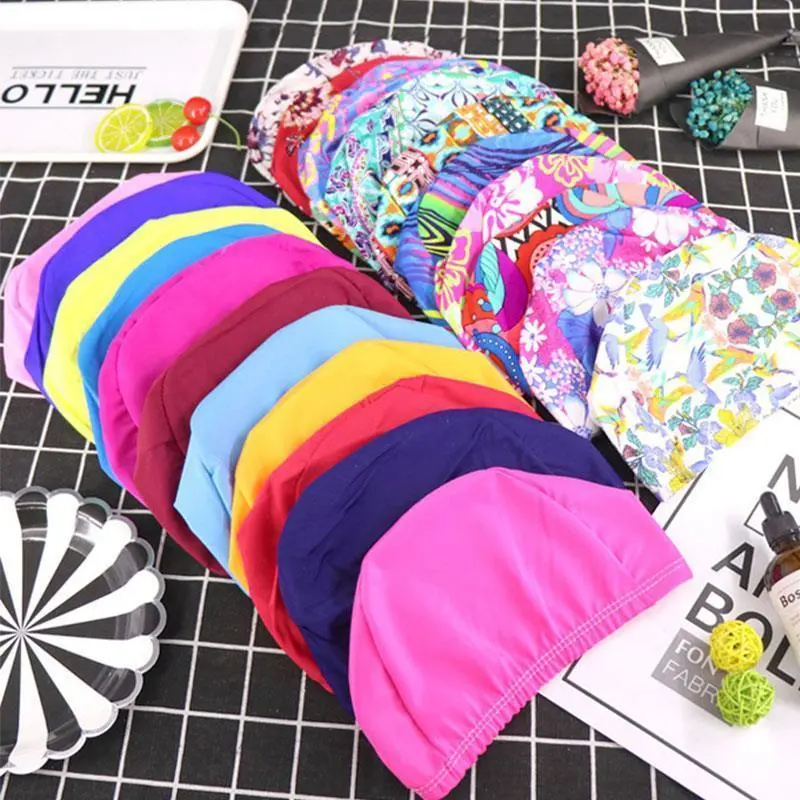 2025 Adult Swim Cap Children's Ear Protection High Elastic Breathable Universal Swim Cap Stylish Printed Fabric Cap Non-Tight Swimming Gear