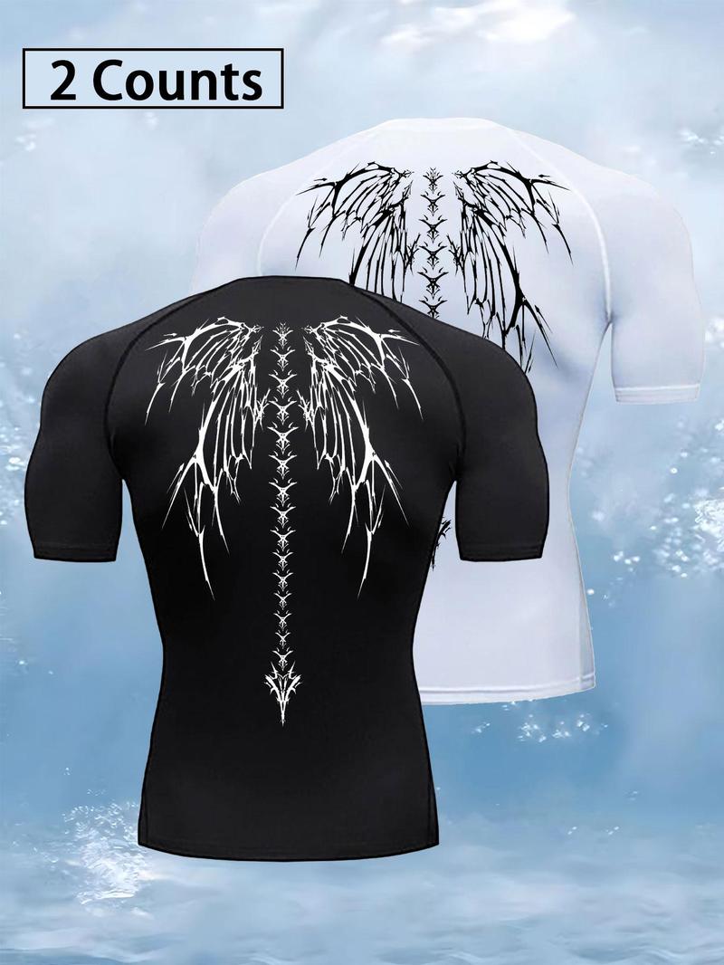 Product Introduction of Men's Skull Wing Print Round Neck Sports Tee, Breathable Sweat Absorbing Compression T-shirt, Quick Drying Short Sleeve T-shirt for Outdoor Gym Running 4