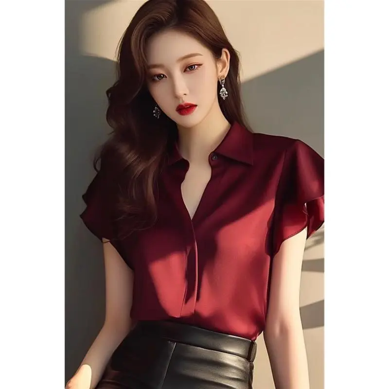 Elegant Wine Red Short-Sleeved Shirt Women's Summer Chic Elegant Fashion All-Matching Flounced Sleeve Women's Top Womenswear Blouse
