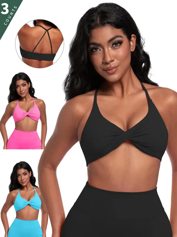 Women's Solid Twist Backless Sports Bra, Comfy Breathable Sports Bra for Yoga Gym Workout, Ladies Sportswear for All Seasons 3
