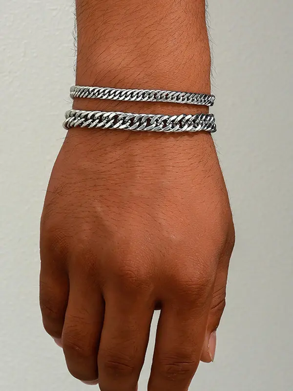 Men's Simple Stainless Steel Link Bracelet (1 Set), Fashionable 2024 Summer Trendy All-match & Exquisite Jewelry for Birthday Gift for Men, Bracelets Stack for Men 3