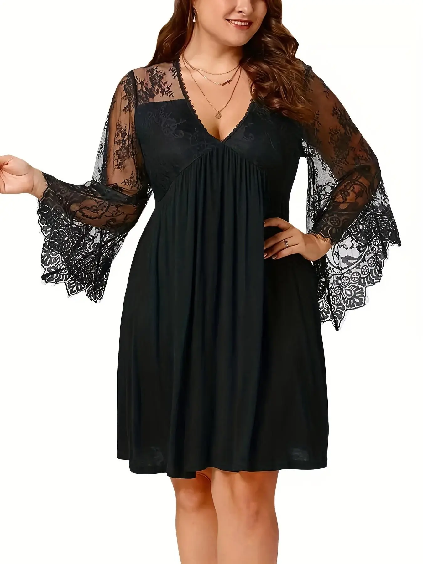 Plus Size Contrast Lace Sheer Flounce Sleeve A Line Dress, Elegant V Neck Long Sleeve Dress for Party Holiday Wedding Guest, Women's Clothes for Spring & Fall