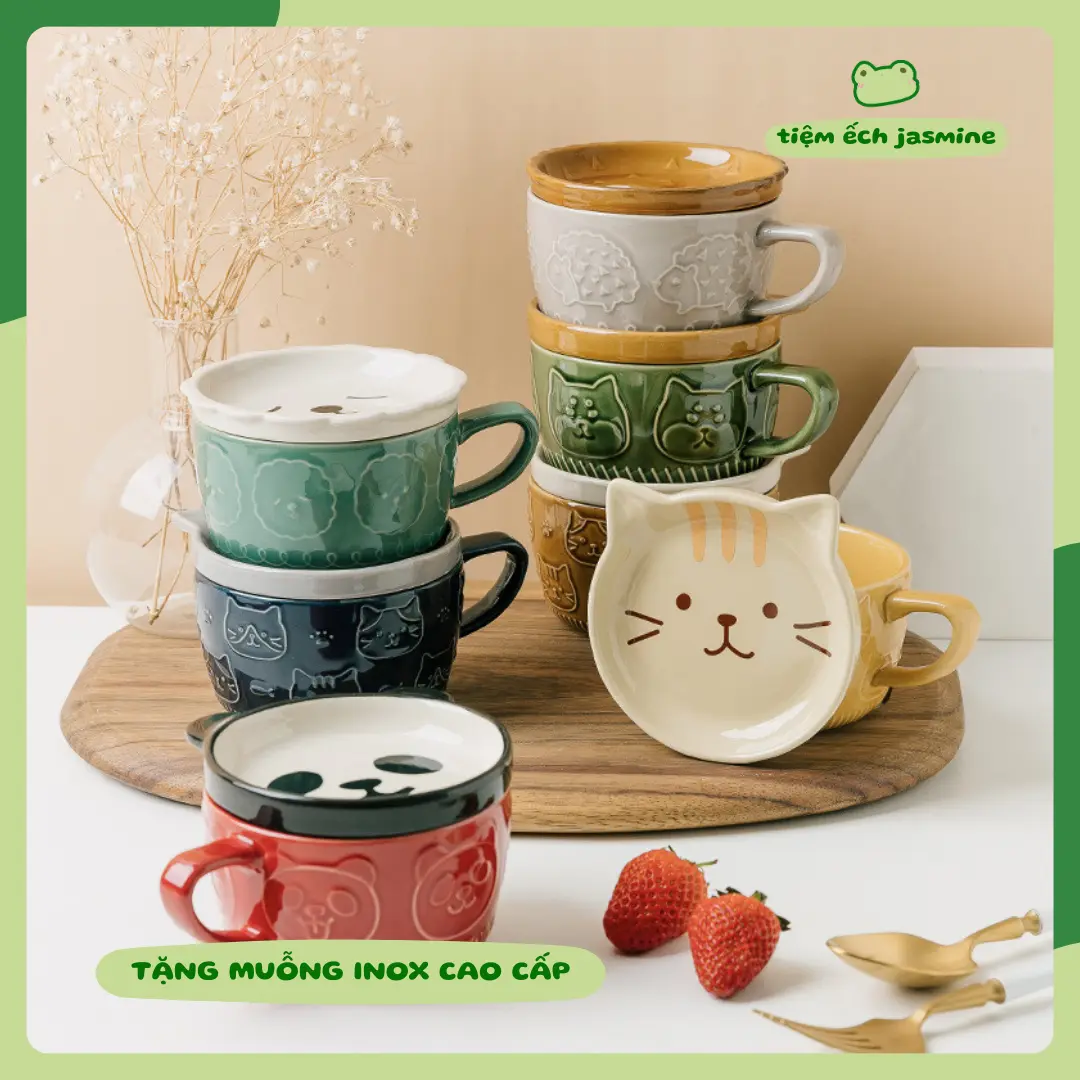 Bộ Ly Cốc Sứ Kèm Nắp Siêu Dễ Thương Tạo Hình Động Vật 301-400ML