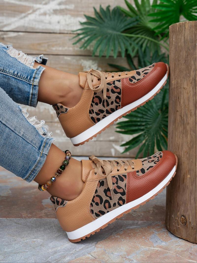 Product Introduction of Women's Fashion Leopard Print Lace Up Low Top Sneakers, Casual Comfortable Lightweight Sports Shoes, Female All-match Round Toe Shoes for Daily Wear 8