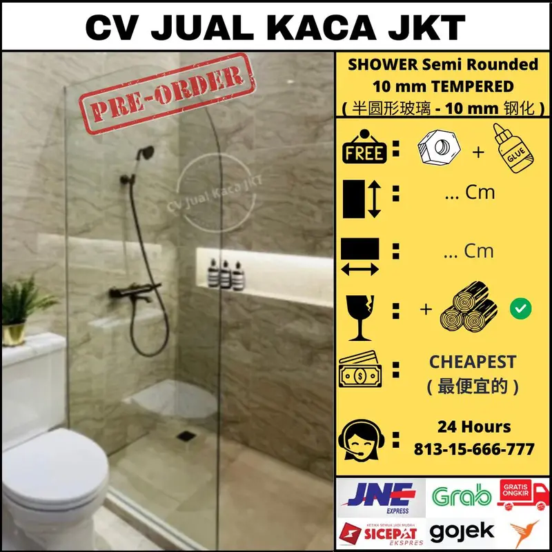Sekat Kamar Mandi Partisi Kaca Tempered 10mm Semi Rounded 0