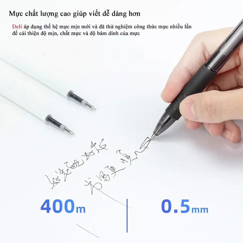 Ruột bút gel Deli A870 / A880 thân trắng mực đen ngòi 0,38mm và 0,5mm 5