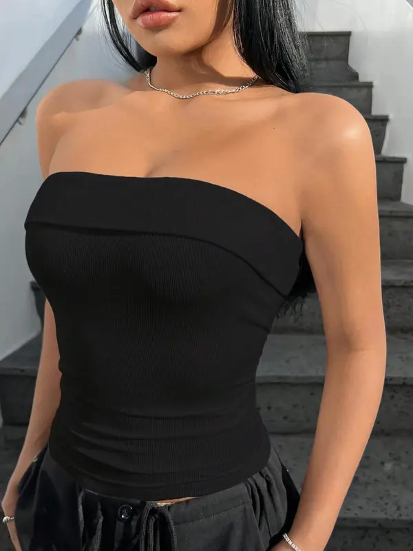 Women's Solid Backless Tube Top, Casual Strapless Ribbed Top, Ladies Summer Clothes for Daily Wear 7