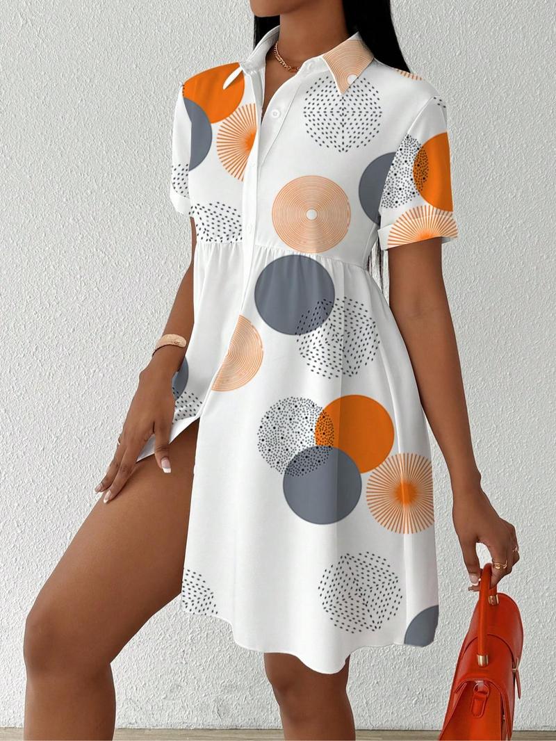 Product Introduction of 【Plus Size】 All Over Print Shirt Dress, Casual Short Sleeve Collared Dress for Summer, Women's Clothes for Daily Wear 9