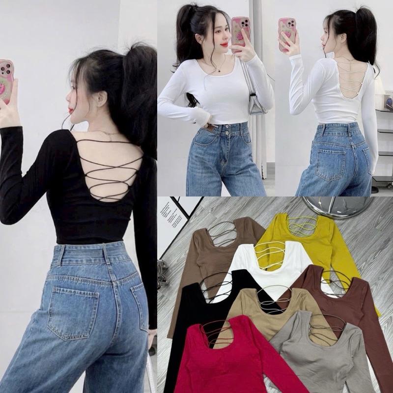 ÁO THUN TAY DÀI ĐAN LƯNG PHÍA SAU CÓ KÈM MÚT ĐỆM FOM CROPTOP NGẮN TRÊN RÚN