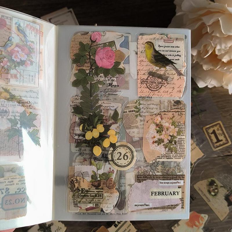 Vintage Floral & Bird Pattern Sticker Book, 20 Sheets/book Waterproof Self Adhesive Decorative Sticker, DIY Decorative Stickers for Gift Greeting Card Water Bottle Laptop Phone 1
