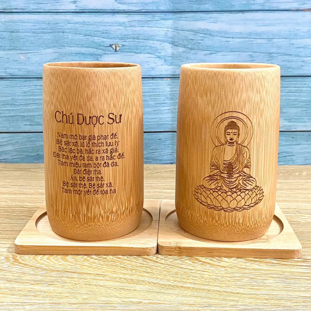 Cốc Tre Khắc Chú Dược Sư cầu Bình an, Tài lộc, Sức khỏe là món quà ý nghĩa dành tặng người thân( tặng kèm ống hut)