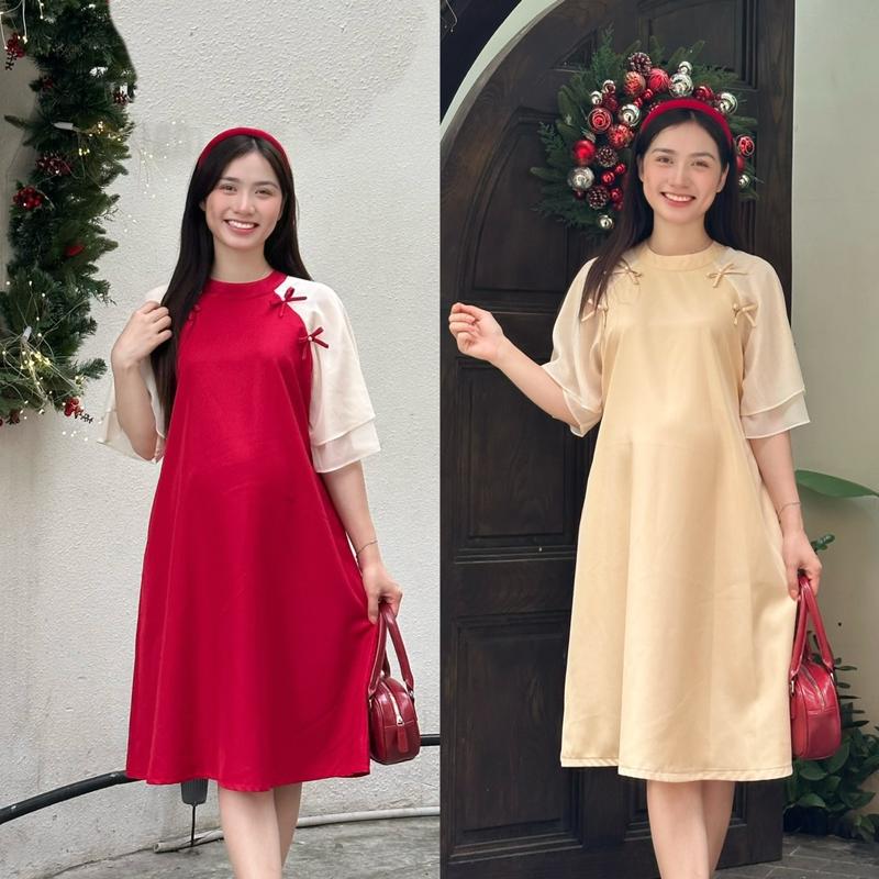 PHIYẾN/Đầm bầu dự tiệc kiểu đầm áo dài cách Tân đính nơ dễ thương Bầu mặc đi làm đi chơi đều xinh .