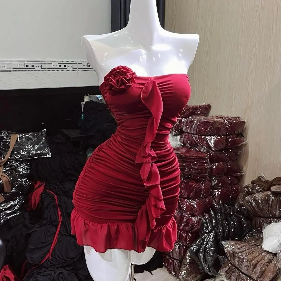 F68 ĐẦM BODY NGẮN ỐNG CÚP, NHÚM BÈO HOA HỒNG Nữ