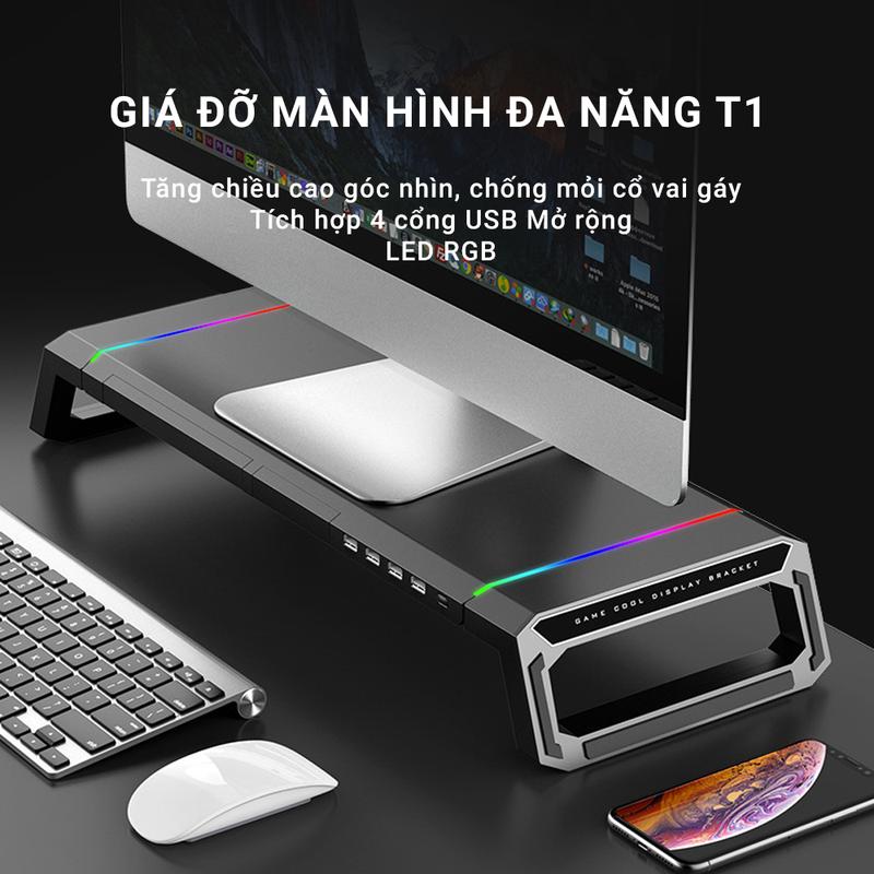 Giá đỡ màn hình máy tính cao cấp IceCoolrel T1 - LED RGB kèm 4 cổng USB mở rộng - Gấp gọn 2 mức kèm giá đỡ điện thoại và ngăn chứa đồ - Chất liệu bền bỉ tải trọng lên tới 30kg - Bảo hành 12 tháng
