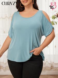 CURVZY Plus Size Solid Cut Out Cold Shoulder Tee, Casual Batwing Sleeve T-Shirt for Summer, Women's Plus Clothing for Daily Wear