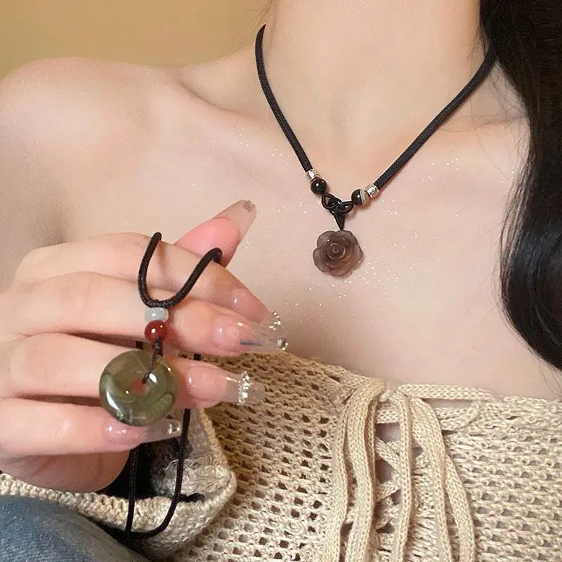 New Chinese Style Beaded Camellia Flower Peace Buckle Pendant Necklace Sweater Chain Necklace  Gift