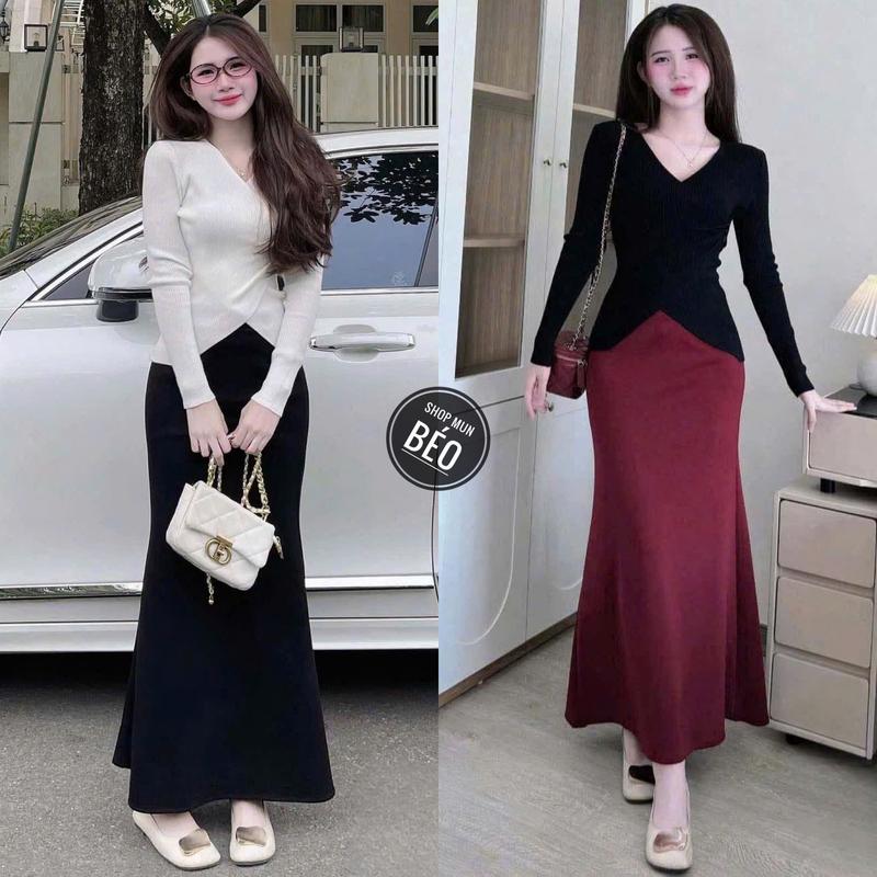 VẢI XỊN Set áo cổ tim tay dài vạt chéo kèm chân váy dài xoè Kvy S2 chất thun cotton co giãn thích hợp mặc đi tiệc đi làm đi chơi
