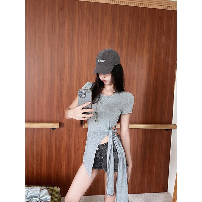 Product Introduction of Áo Thun Ngắn Tay Dây Đeo Thắt Lưng Đầu Xẻ Bất Đối Xứng MOSESQUEEN, Dành Cho Nữ, Áo Đệm Vai Đầu Mùa Thu Cao Cấp, Thiết Kế Mặc Trong Độc Đáo Và Sang Trọng, 62807 8