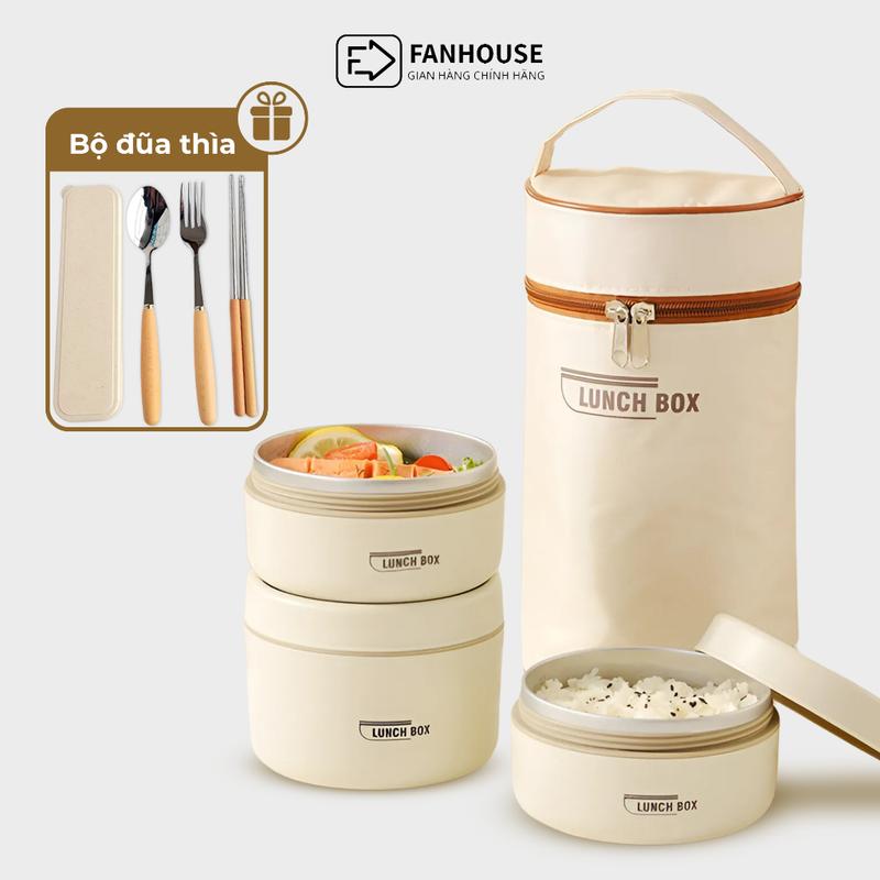 Hộp cơm giữ nhiệt 3 tầng Lunch Box 1500ml hộp đựng cơm giữ nhiệt inox 304 Fan House bộ đũa thìa, cốc canh