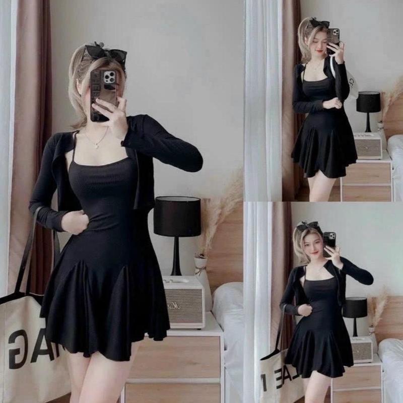  Sét váy 2 dây xoè + áo khoác ngoài siêu đẹp Bộ nữ hai dây kèm khoác váy ngắn hai dây ôm body sexy quyến rũ mã 07 