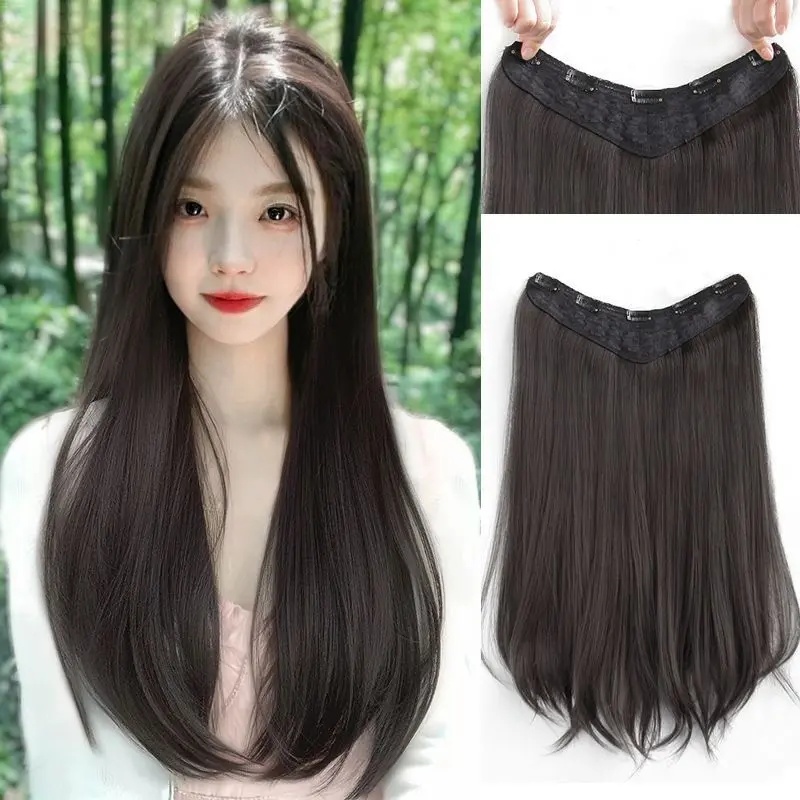 Wig Women's Long Hair One Piece U-Shaped Hair Extension Inner Buckle Long Straight Hair Increase Volume Seamless Micro Curly Hair Wig Set Women