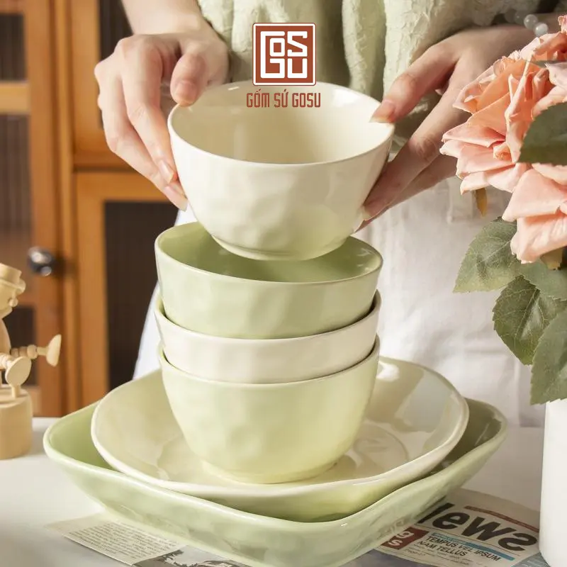 Bán Lẻ Bộ Bát Đĩa Chén Đĩa Phong Cách Châu Âu Màu Kem Bơ Sang Trọng, Men Sáng Bóng