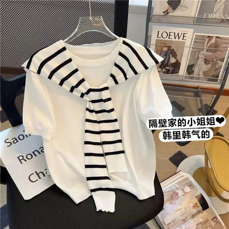 Đồ Len, Ngắn Tay, Màu Trắng, Hàng Mới Về Mùa Hè, Với Khăn Choàng Sọc, Thiết Kế Đẹp, Áo Hai Mảnh Độc Đáo Áo Thun Nữ 0