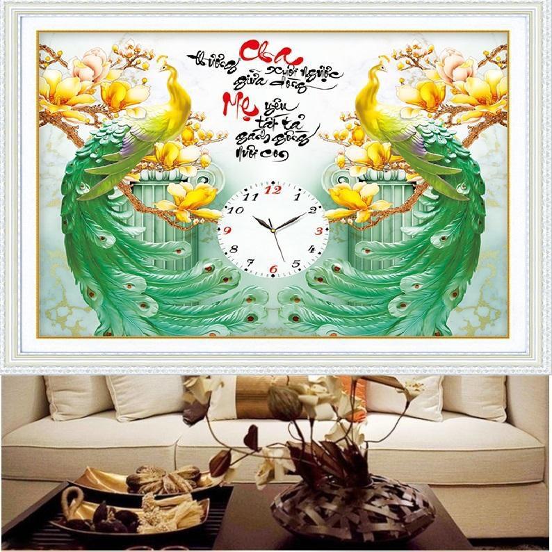 TRANH THÊU 3D, TRANH ĐÁ ĐỒNG HỒ CHA MẸ LV157 (VS064)  68x53cm Handmade Thêu Chữ Làm Đồ Handmade lv3157