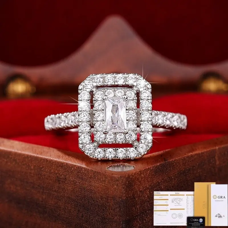 Nhẫn Moissanite Cổ Điển Hình Chữ Nhật, Thiết Kế Rỗng Cổ Điển, Được Chứng Nhận GRA Miễn Phí