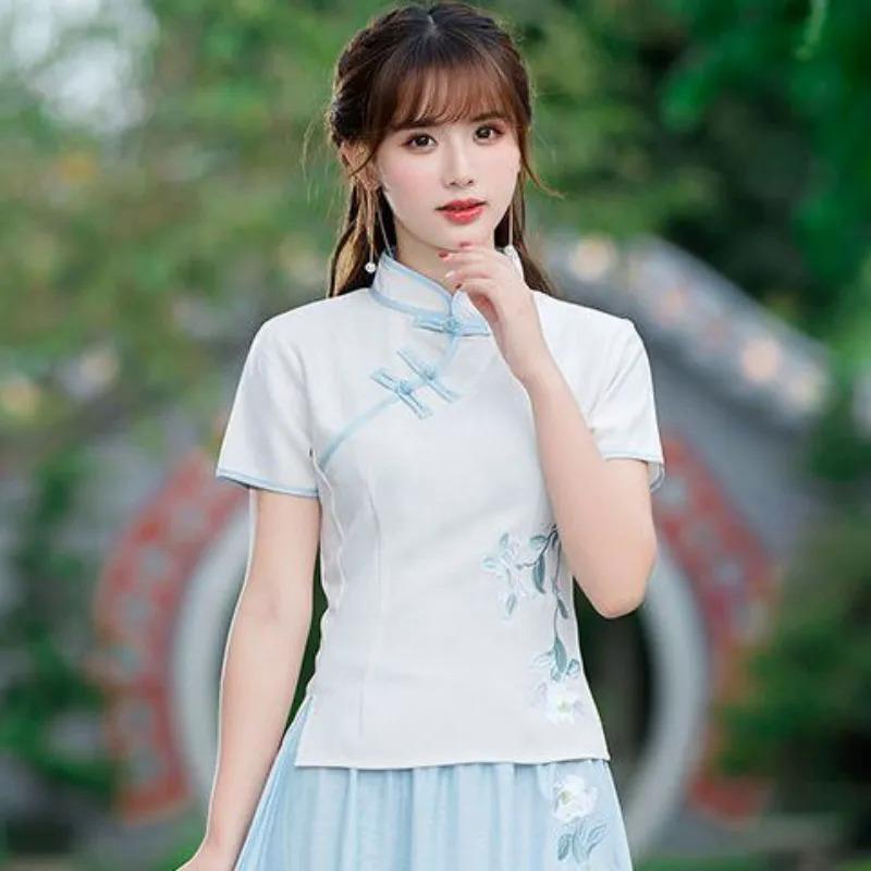 Bộ Đồ Hai Mảnh Bằng Vải Bông, Phong Cách Trung Quốc Cộng Hòa, Quần Áo Nữ, Thiết Kế Khóa Cổ Điển Chất Liệu Vải Bông Và Vải Lanh, Thêu, ngắn Tay, Thích Hợp Cho Nghệ Thuật Trà, Bộ Đồ Sườn Xám Cải Tiến 8