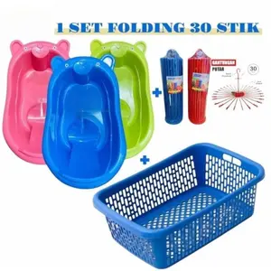 Pika Perabot Store 1 Set Bak Mandi Bayi Kuping + Keranjang Baju + Folding 30 Stik untuk Kebutuhan Mandi Bayi Anda
