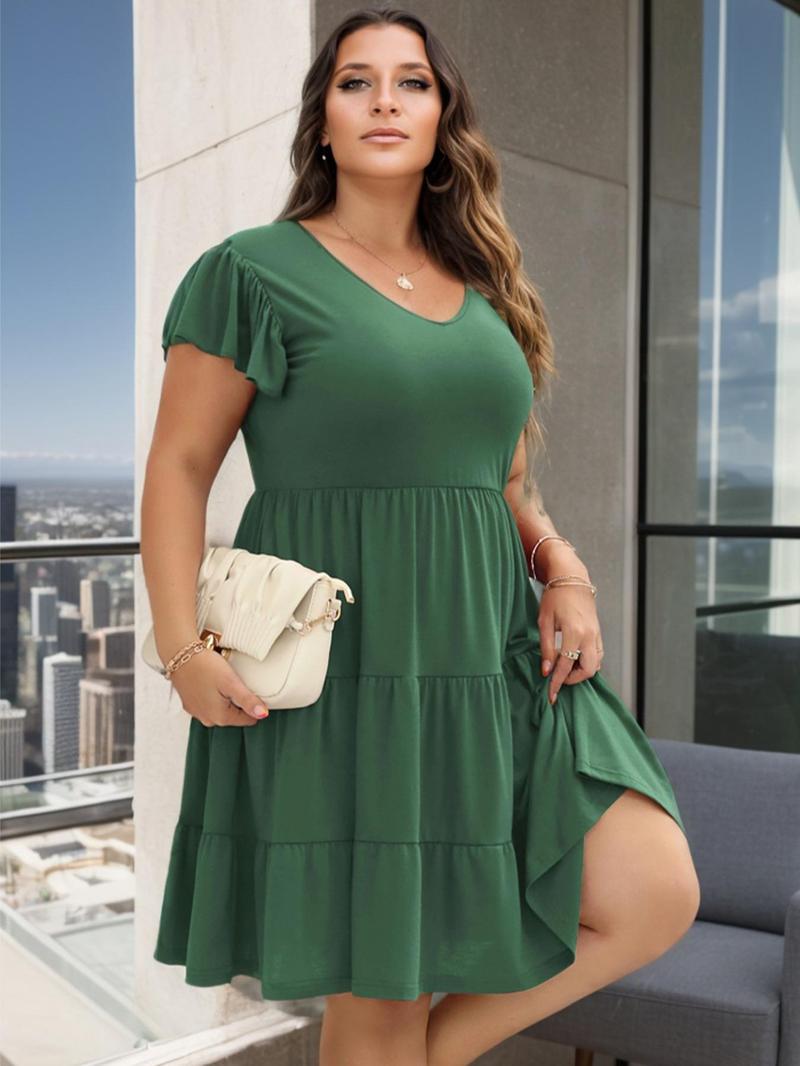 Product Introduction of 【Plus Size】 Solid Color Ruffle Hem Dress, Elegant Short Sleeve V Neck Dress for Women, Women's Plus Clothing for Summer 4