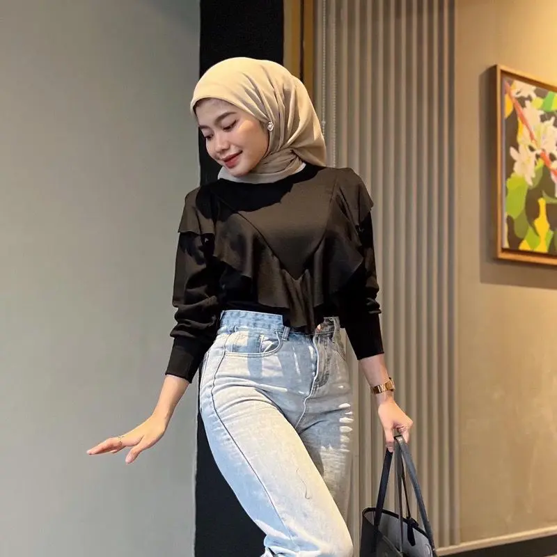 Nuna Blouse Knit Wanita Korean Style Premium Atasan Top Basic Rib Knitwear Baju Panjang Kerah Crop
