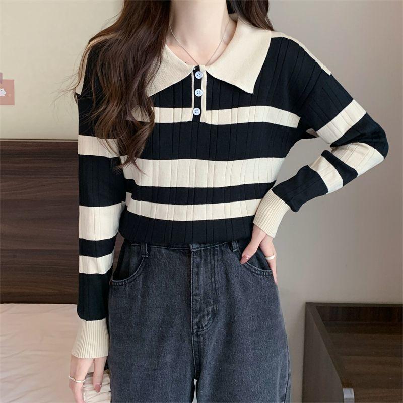Product Introduction of Striped Polo Collar Knitwear for Women 2024 Spring and Autumn New Contrast Color Design Chic Slim Short Long Sleeve Top Womenswear Lingerie Comfort Knitting Collared 6