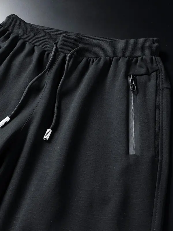 Men's Solid Pocket Drawstring Waist Black Pants, Casual Comfy Regular Fit Plain Trousers For Spring & Fall, Men's Bottoms For Daily Wear Outdoor Workout Exercise, Comfort Basic Menswear 3