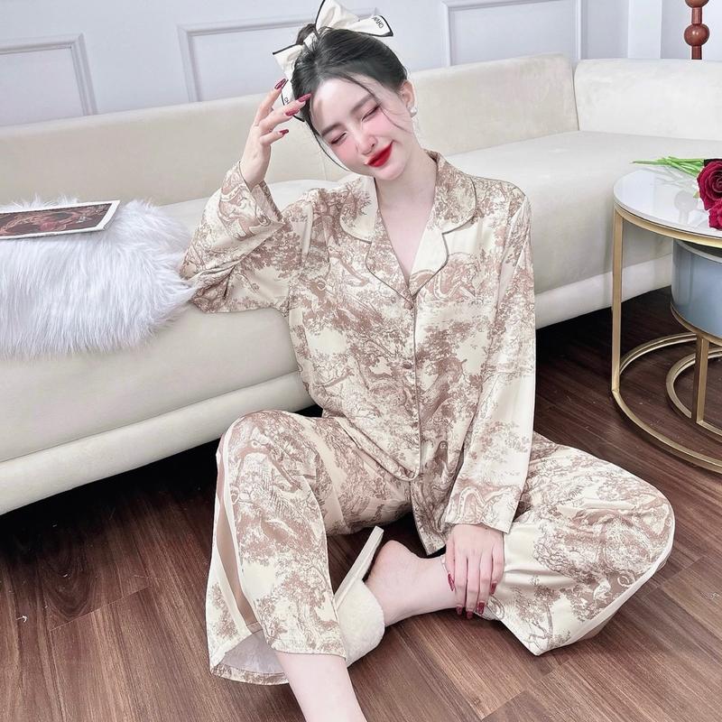 Bộ Quần Áo Lụa Mịn Viền Lé Nút Bọc Tay Dài Quần Dài Hoạ Tiết Sang  Nữ Voi Đồ Ngủ Nữ 5
