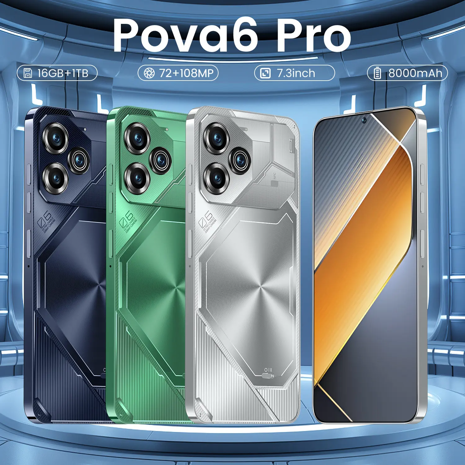 New Pova6 Pro Smartphone Mobile Phone  Android 8.1 Perforated 7.3 Inch Large Screen Smartphone