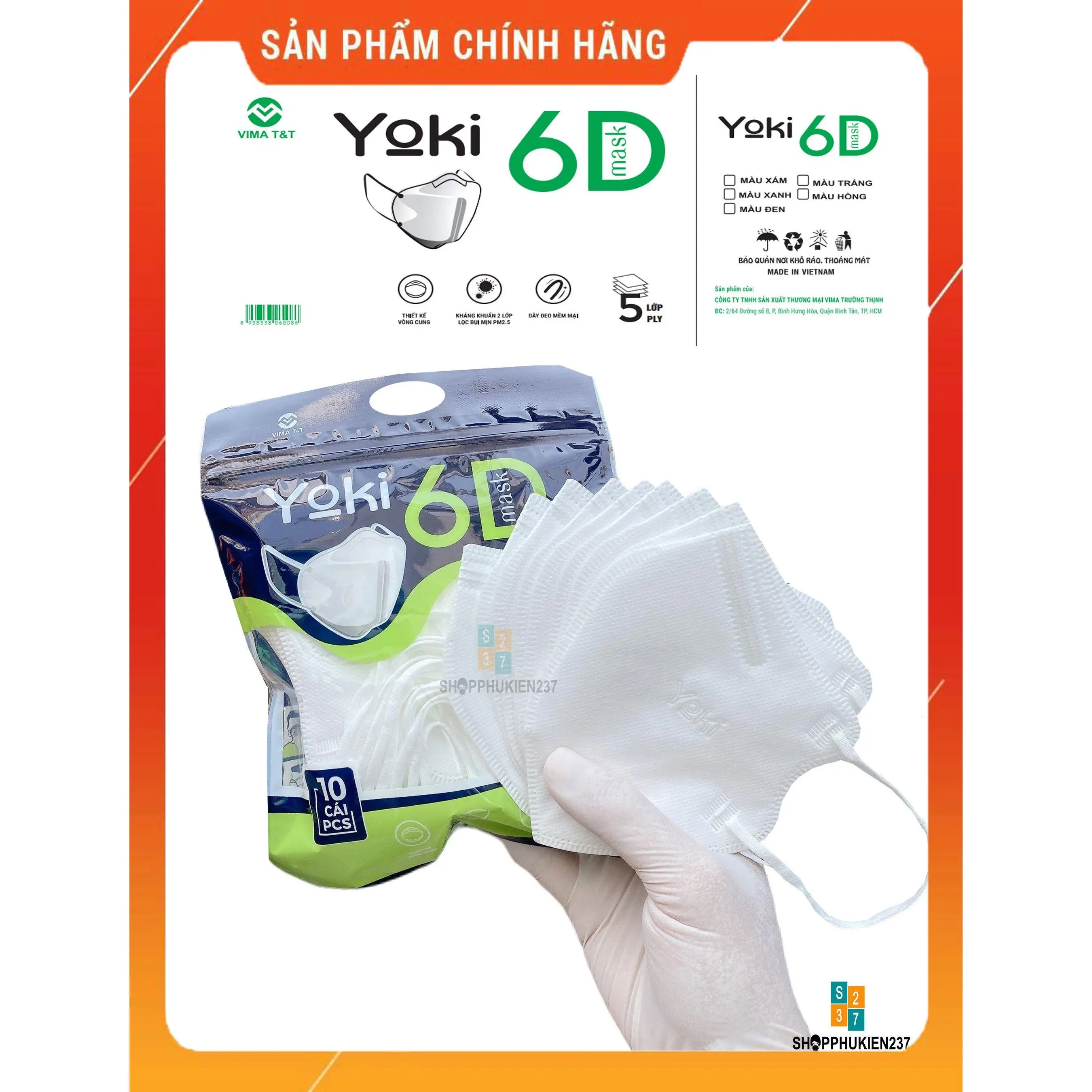 Combo 50 Cái Khẩu Trang 6D Yoki Vải Y Tế Kháng Khuẩn Dày 5 Lớp Lọc Bụi Mịn Cho Người Lớn