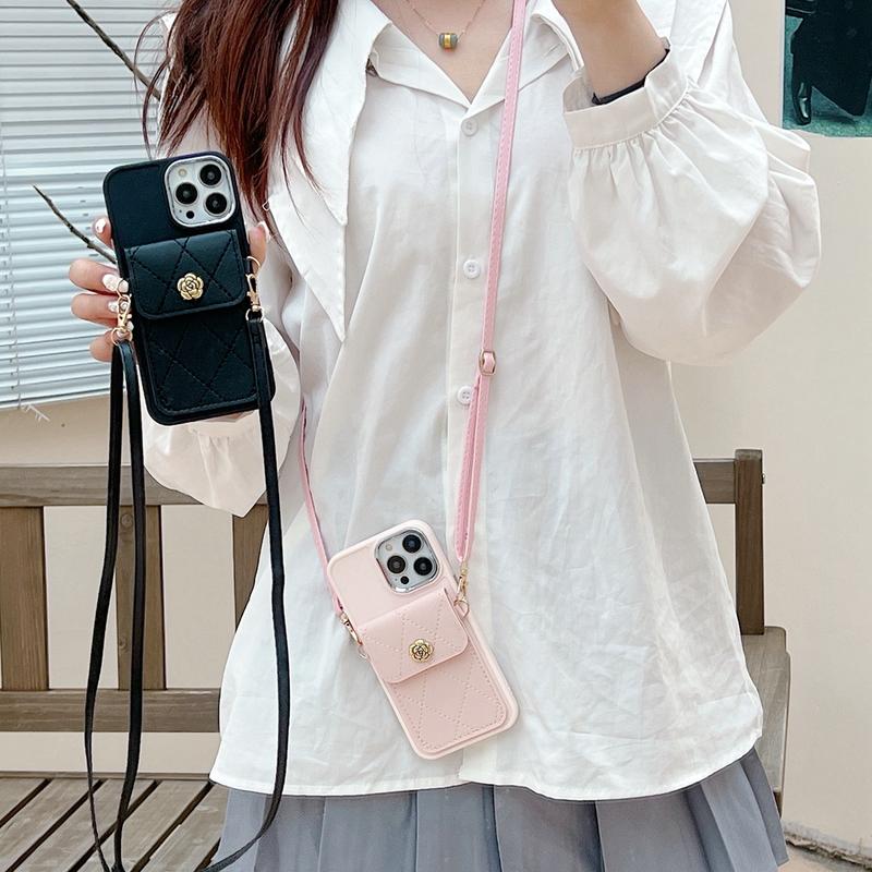 Ốp Điện Thoại, Thiết Kế Túi Đựng Thẻ Đeo Chéo Ca Rô Hoa Trà Đơn Giản, Tương Thích Với iPhone 11, 12, 13, 14, 15, Pro Max, 14 Plus, 11 Pro, XR, XS Max, 7G / 8G, 7 / 8Plus, Chống Sốc, Bảo Vệ Ống Kính, Ốp Mềm, Ốp Bảo Vệ Điện Thoại Phụ Kiện