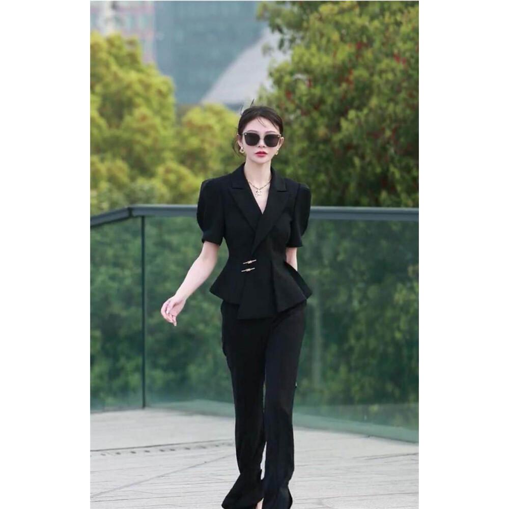 [NEW]            FADFAD setelan dua potong lengan pendek hitam elegan dan mewah untuk wanita