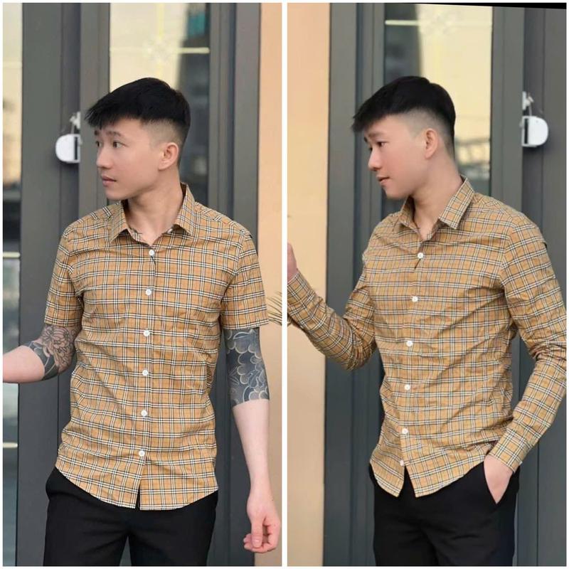  Áo sơ mi nam tay ngắn kẽ carô  vải coton dày dặn phong cách boy phố. Menswear Shirt Có Cổ giặt bằng nước lạnh đơn thuần 