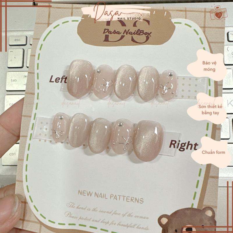 MÓNG TAY GIẢ form hàn quốc TRÒN thiết kế nail box vẽ họa tiết xinh xắn nhẹ nhàng MT098 TẶNG KEO DÁN MÓNG sơn màu nước gạo thạch hồng đỏ