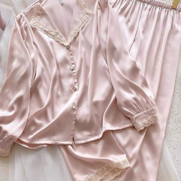 B28 Bộ Quần Áo Ngủ Lụa Tơ Dài Tay Tiểu Thư Cúc Ngọc Hồng Cao Cấp Mềm Mịn Mặc Nhà Nữ Màu Hồng