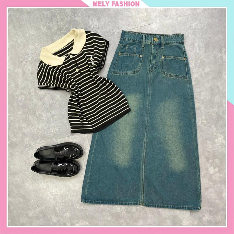 Chân váy jean bò denim dáng dài suông chữ a Nữ xẻ trước lưng cao phong cách ulzzang Women VB02